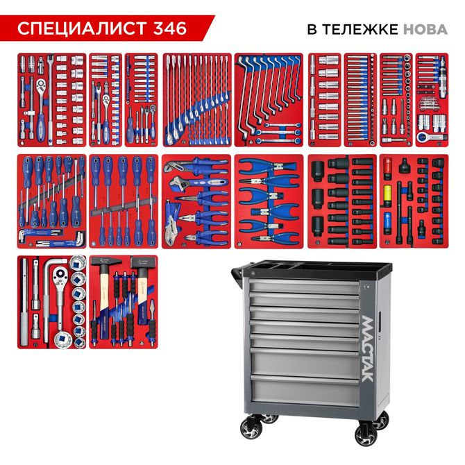 МАСТАК (50-07346G) Набор инструментов 346 предметов, "СПЕЦИАЛИСТ 346", в серой тележке