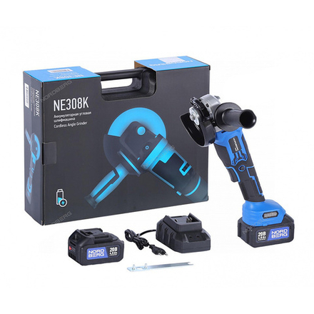 NORDBERG (NE308K) Угловая шлифмашина аккумуляторная (УШМ), диам. диска 125 мм, 20 В, 2 аккумулятора и зарядное устройство