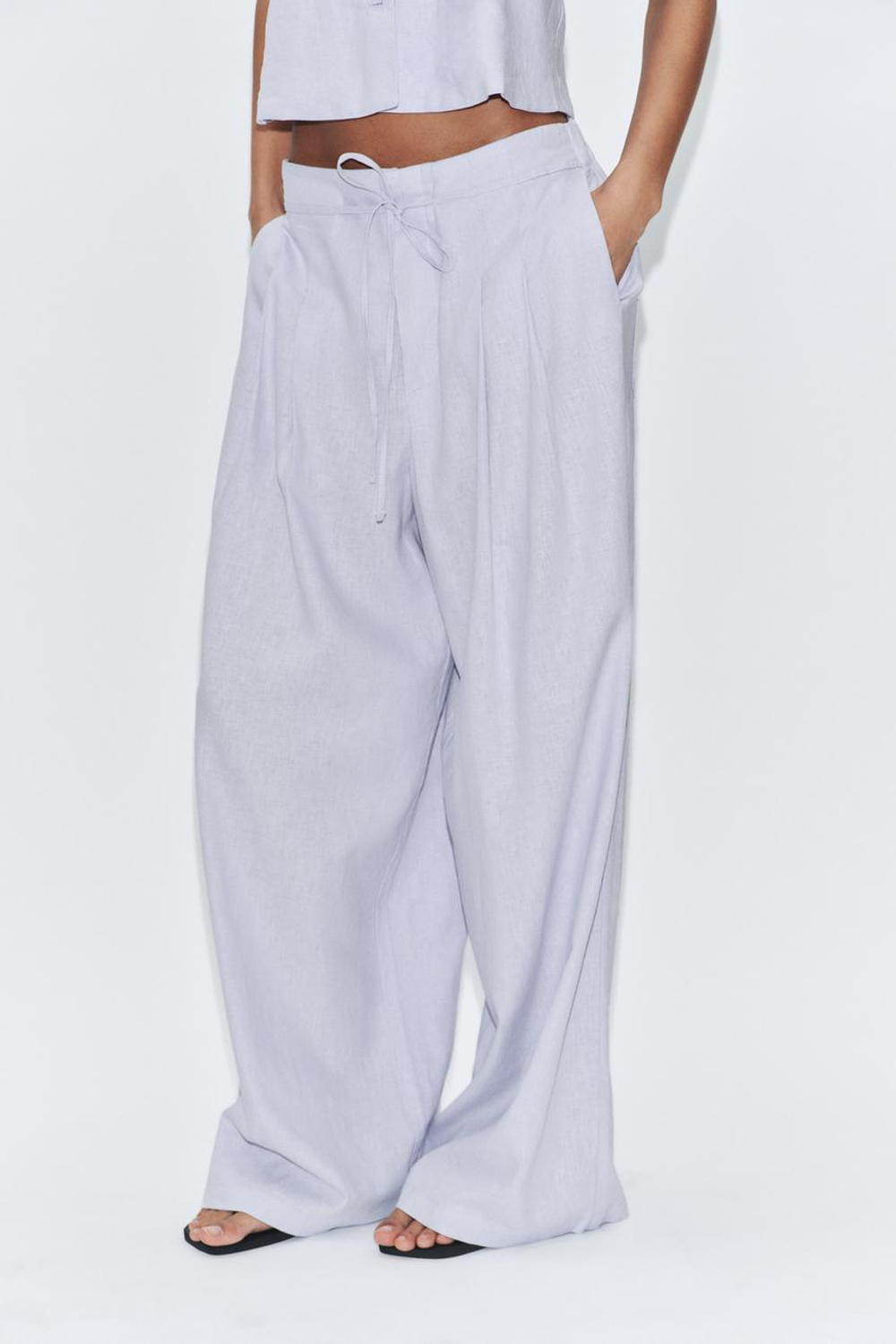 ZARA ШИРОКИЕ БРЮКИ ИЗ СМЕСОВОГО ЛЬНА С ЗАЩИПАМИ, СИРЕНЕВЫЙ