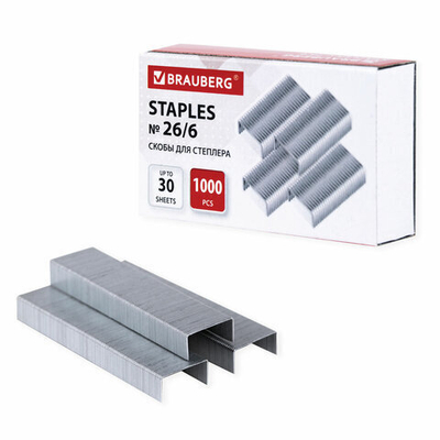Скобы BRAUBERG № 26/6 (для степлеров 24/6), 1000 штук, 3 упак. экономичные, до 30 листов.