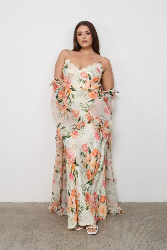 Платье-комбинация на тонких бретелях с отделкой кружевом, цветочный принт