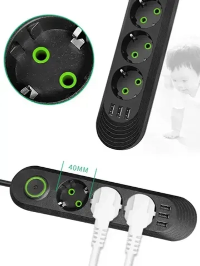 Удлинитель сетевой фильтр 10 метров 3 розетки 3 USB Черный