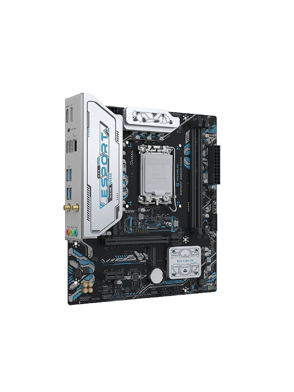 MAXSUN MS-eSport B860M GANK WIFI (Socket 1851, mATX, 2*DDR5(96Gb), DP/HDMI, 2xSATA3, 2*M.2,xPCI-Ex16 xPCI-Ex1, 2*USB 2.0, 4*USB 3.2, LAN 1*1G, Bluetooth, Wi-Fi6, ARGB, RTL)
