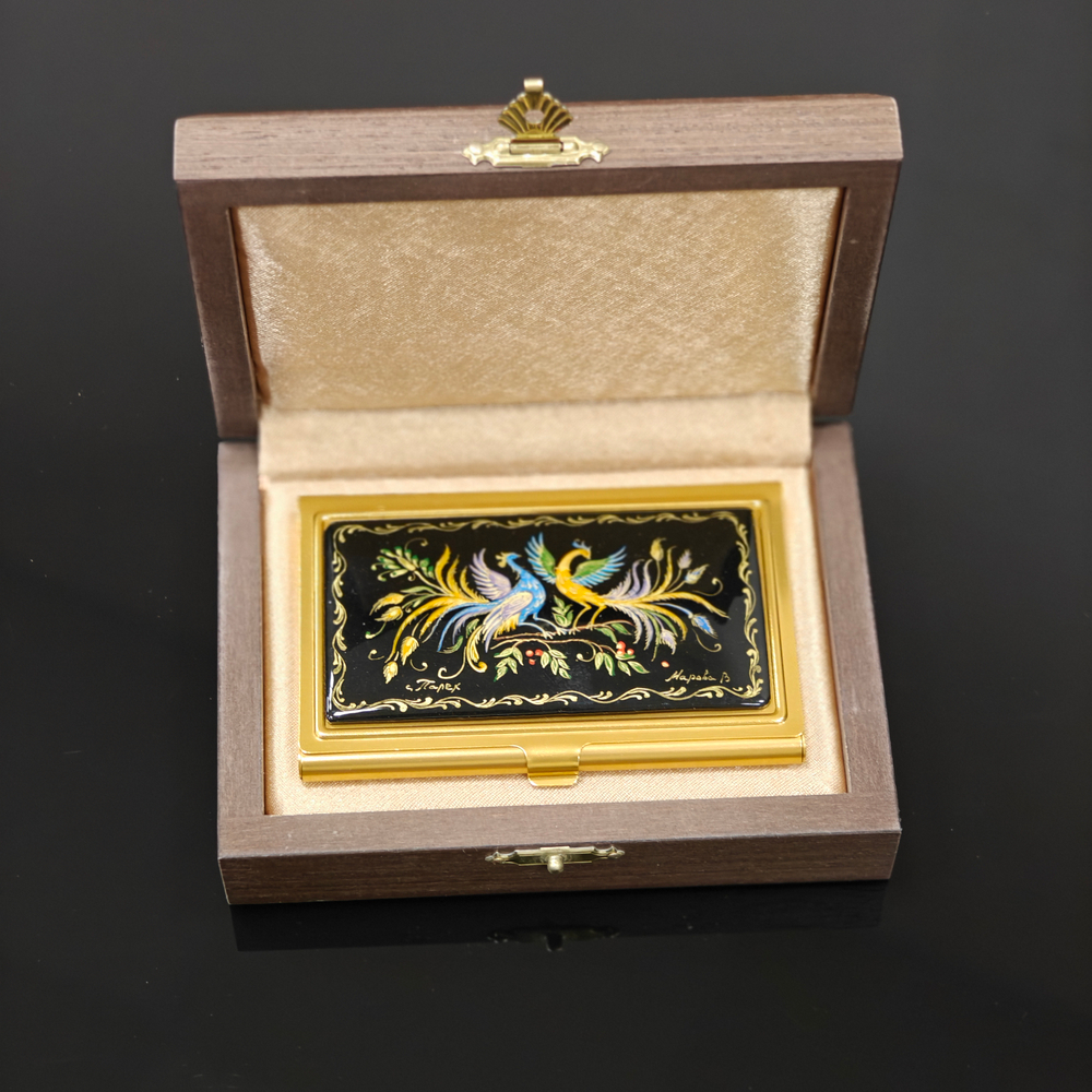 Визитница "Две Жар-птицы" (роспись Палех) желт.