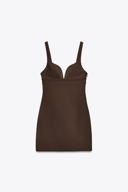 ZARA КОРОТКОЕ ЭЛАСТИЧНОЕ ПЛАТЬЕ С БАНТОМ, ТЕМНО-КОРИЧНЕВЫЙ