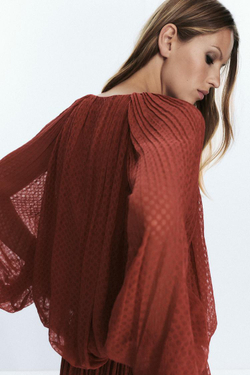 ZARA ПЛИССИРОВАННАЯ БЛУЗА С КИСТОЧКАМИ, ЧЕРЕПИЧНЫЙ