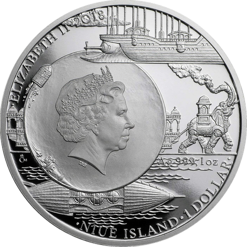1 доллар. Лунная пушка Колумбиада Жюль Верн Корабль лодка. Ниуэ. 2018 год. PROOF