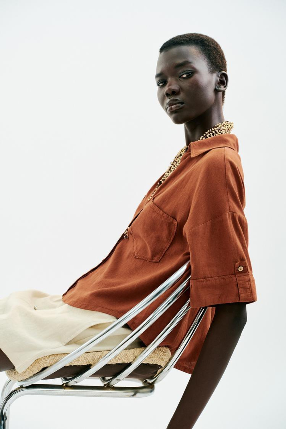 ZARA УКОРОЧЕННАЯ РУБАШКА ИЗ СМЕСОВОГО ЛЬНА, ТЕРРАКОТОВЫЙ