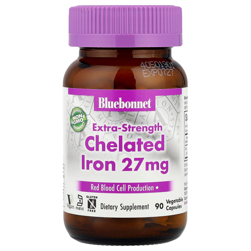 Bluebonnet Nutrition, хелатное железо, повышенная сила действия, 27 мг, 90 растительных капсул