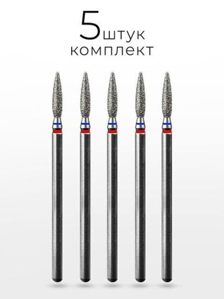 Фреза алмазная удлиненное сине - красное острое пламя 021, MANITA, 5 шт.