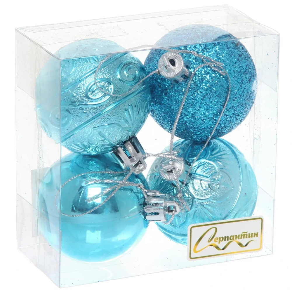 Новогодние шары 5 см (набор 4 шт) «Микс фактур», голубой
