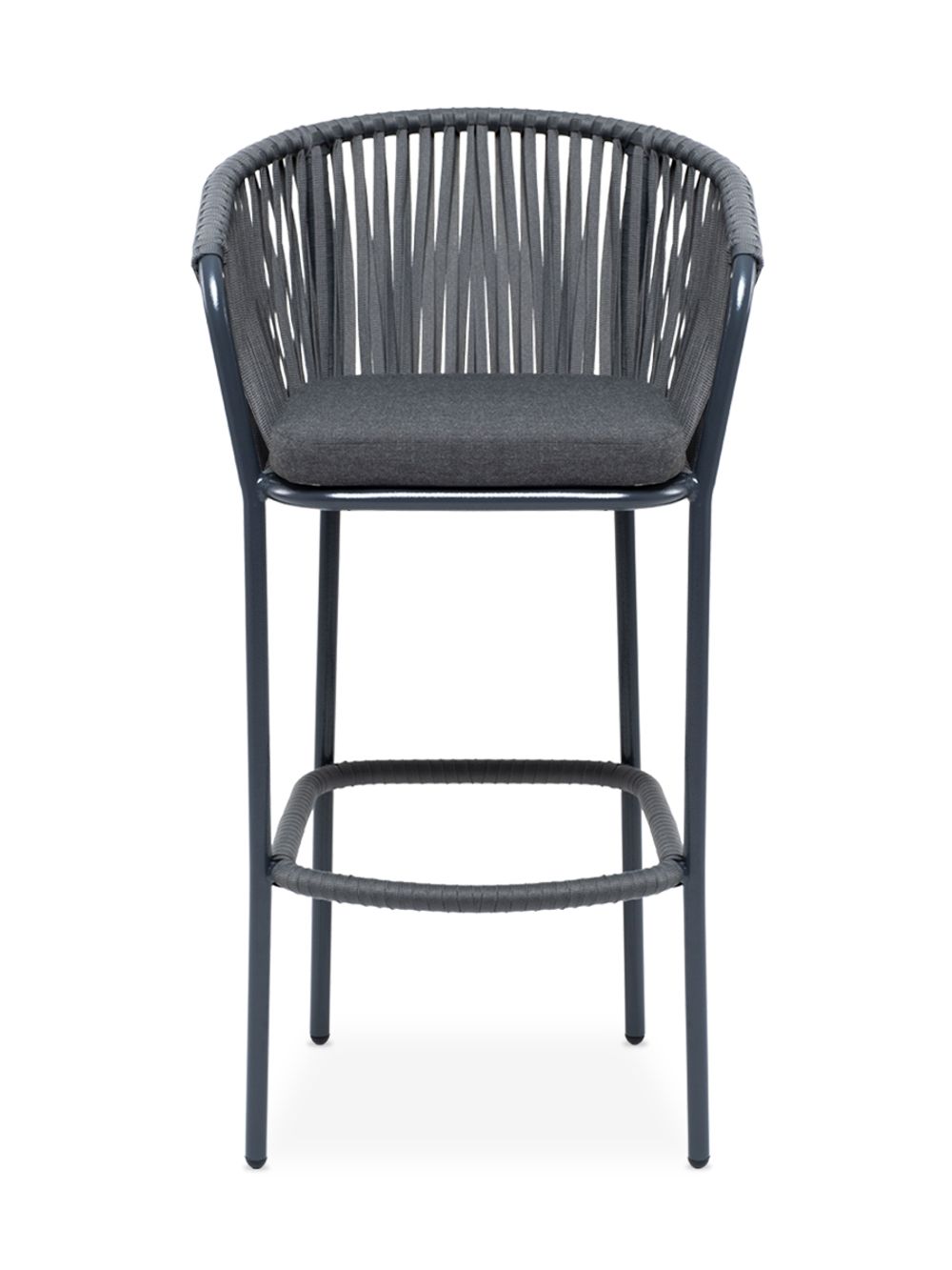 "Бордо" стул барный плетеный из роупа, каркас из стали темно-серый (RAL7024) муар, роуп серый 15мм, ткань темно-серая 027