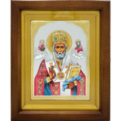 Николай Чудотворец с предстоящими. Икона в серебряном окладе в киоте