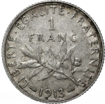France, 1 Franc, 1913 – "La Semeuse" (Paris Mint), VF