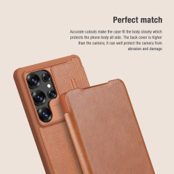 Кожаный чехол книжка коричневого цвета от Nillkin для Samsung Galaxy S25 Ultra, серия Qin Pro Leather с сдвижной защитной шторкой для камеры