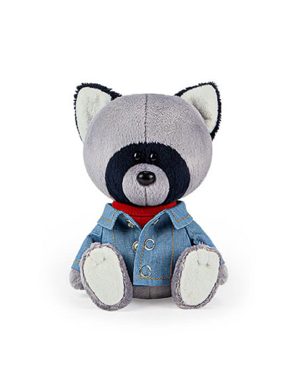 Мягкая игрушка Енот Лёка в красной майке и джинсовке 15см.