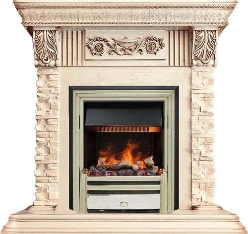 Каминокомплект Luxemburg (каменный) - Сланец/Cлоновая кость с патиной с очагом Cavendish