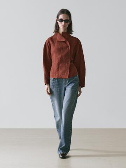 Massimo Dutti Кимоно из 100% льна с завязками и пуговицами, черепичный