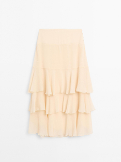 Massimo Dutti Длинная юбка с воланами и поясом-лентой, кремовый