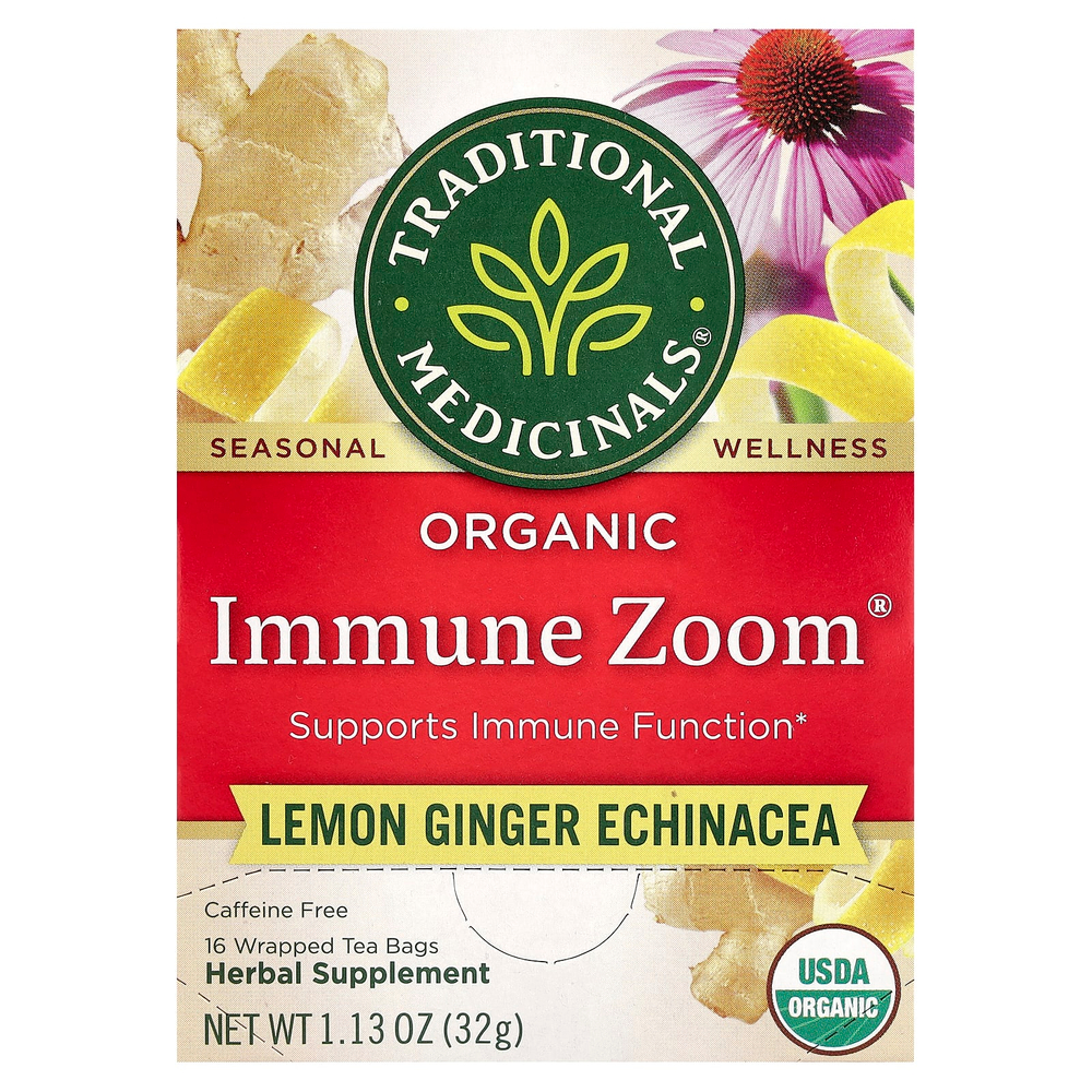 Traditional Medicinals, Organic Immune Zoom®, эхинацея с лимоном и имбирем, без кофеина, 16 чайных пакетиков в упаковке, 32 г (1,13 унции)