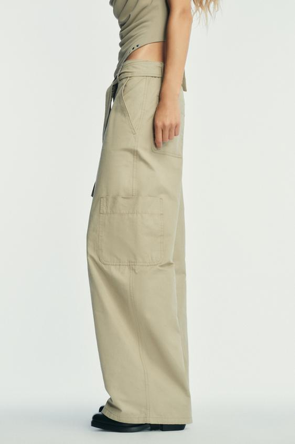 ZARA БРЮКИ КАРГО ОБЪЕМНОГО КРОЯ, СВЕТЛЫЙ ХАКИ