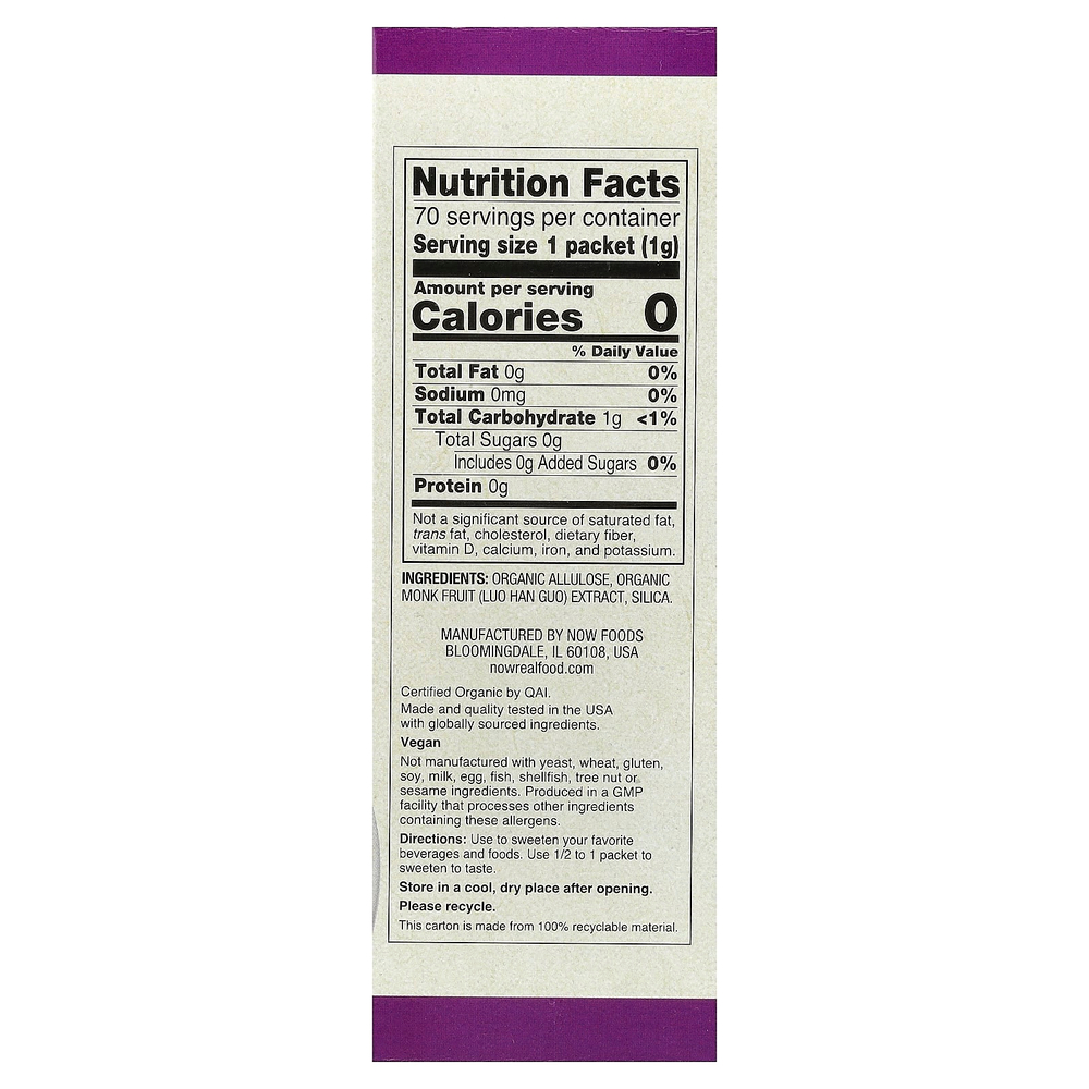NOW Foods, органический архат, подсластитель с нулевым содержанием калорий, 70 пакетиков по 1 г (0,035 унции)