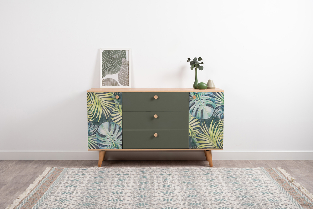 Маттиас Комод 16.245 Дымчатый Зеленый, Гикори Рокфорд Натуральный,Белый PE шагрень