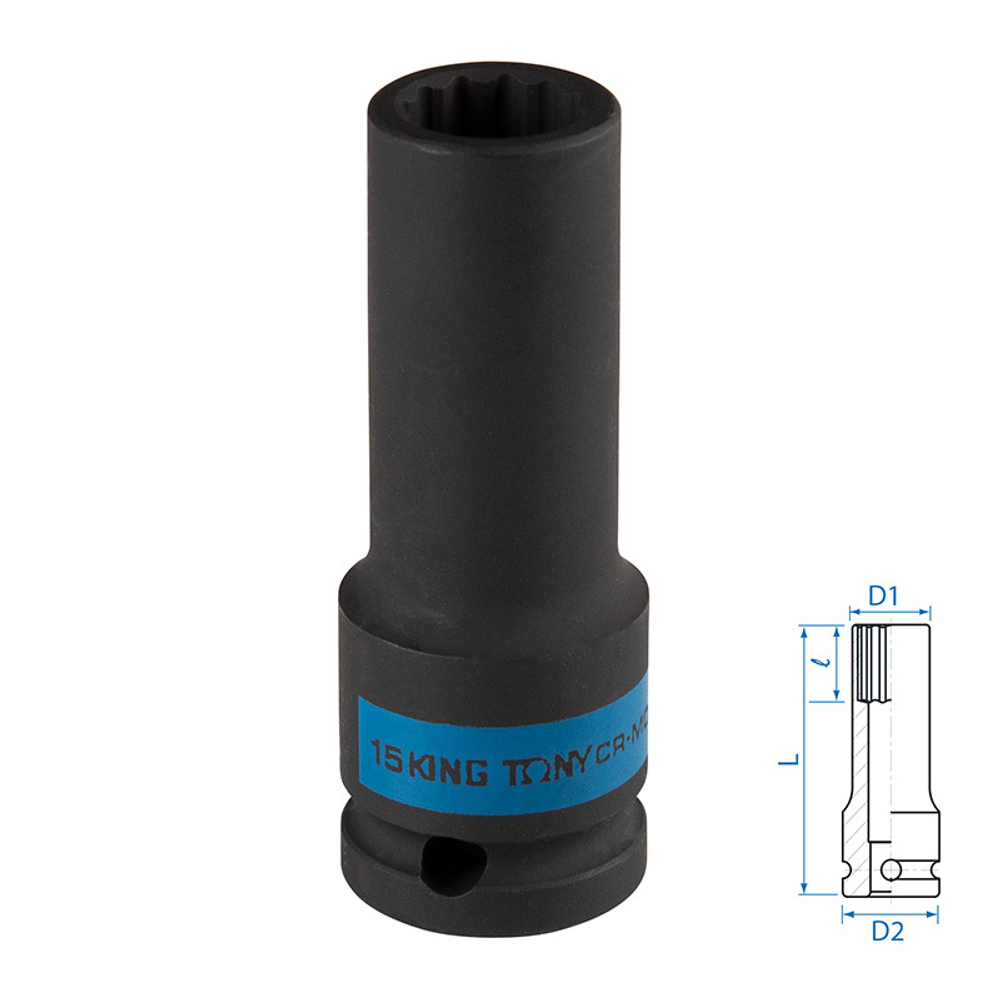 KING TONY (443015M) Головка торцевая ударная глубокая двенадцатигранная 1/2", 15 мм