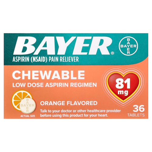 Bayer, Жевательные таблетки с низкой дозой аспирина, апельсин, 81 мг, 36 таблеток