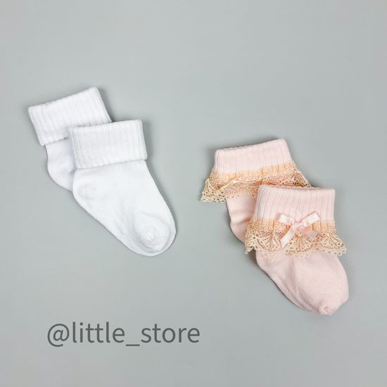 Носочки хлопковые "Бантик и кружево" Белый/Розовый с кружевом