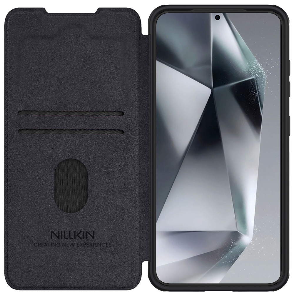 Кожаный чехол книжка черного цвета от Nillkin для смартфона Samsung Galaxy S25+, серия Qin Pro Leather с сдвижной защитной шторкой для камеры