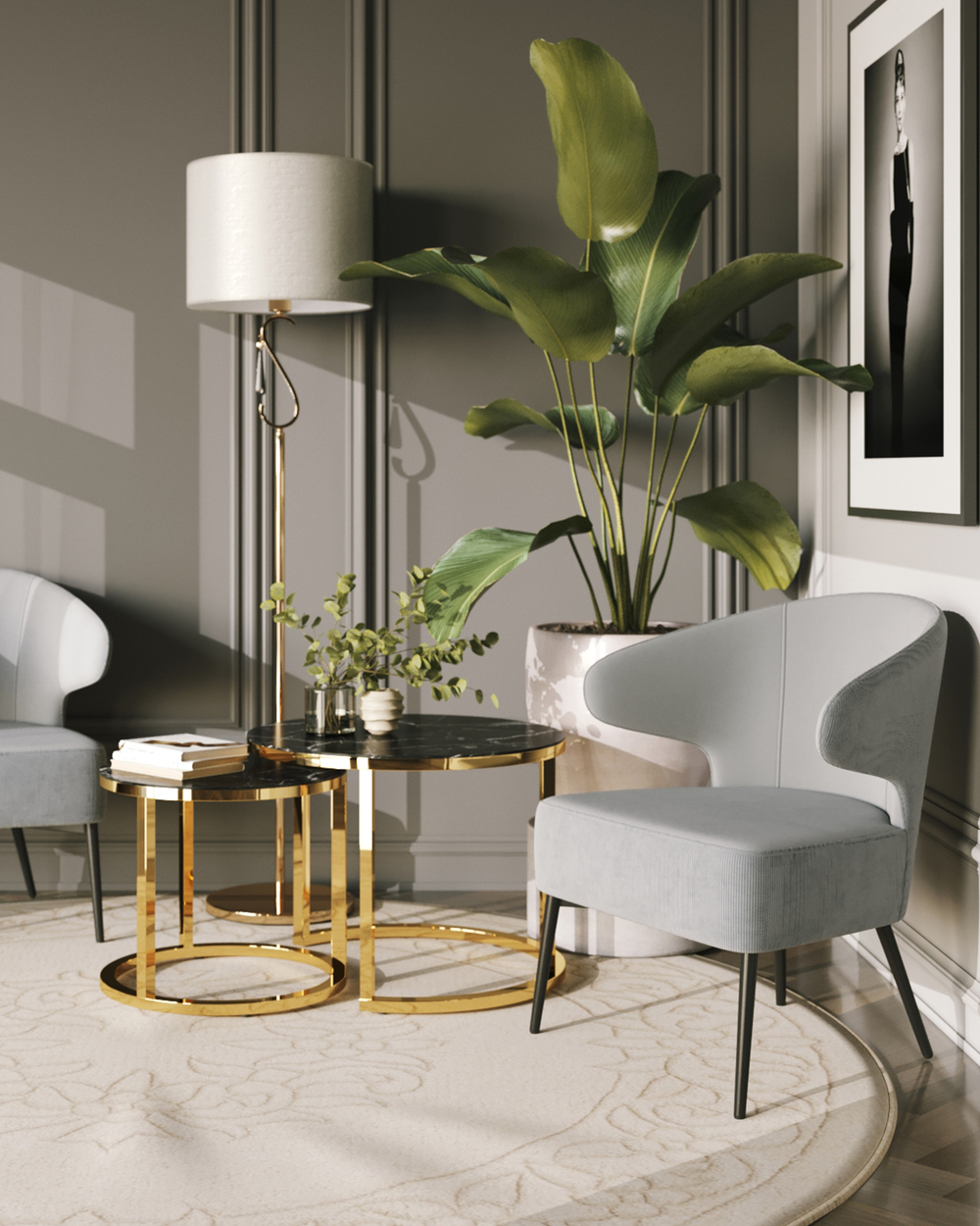 Набор журнальных столиков Селена 60 и 45 см стекло черный мрамор сталь золото