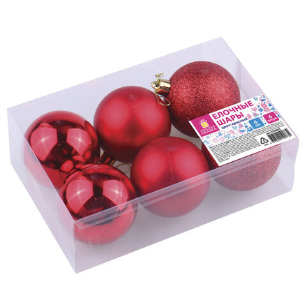 Шары елочные ЗОЛОТАЯ СКАЗКА,набор 6 штук, пластик, 6 см,красные (глянец, матовый, глиттер), 590865
