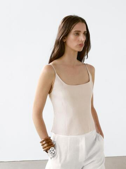 Massimo Dutti Топ из смесового льна на бретелях, цвет слоновой кости