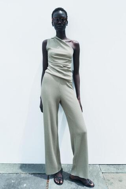 ZARA ШИРОКИЕ БРЮКИ В РУБЧИК, СВЕТЛЫЙ ХАКИ