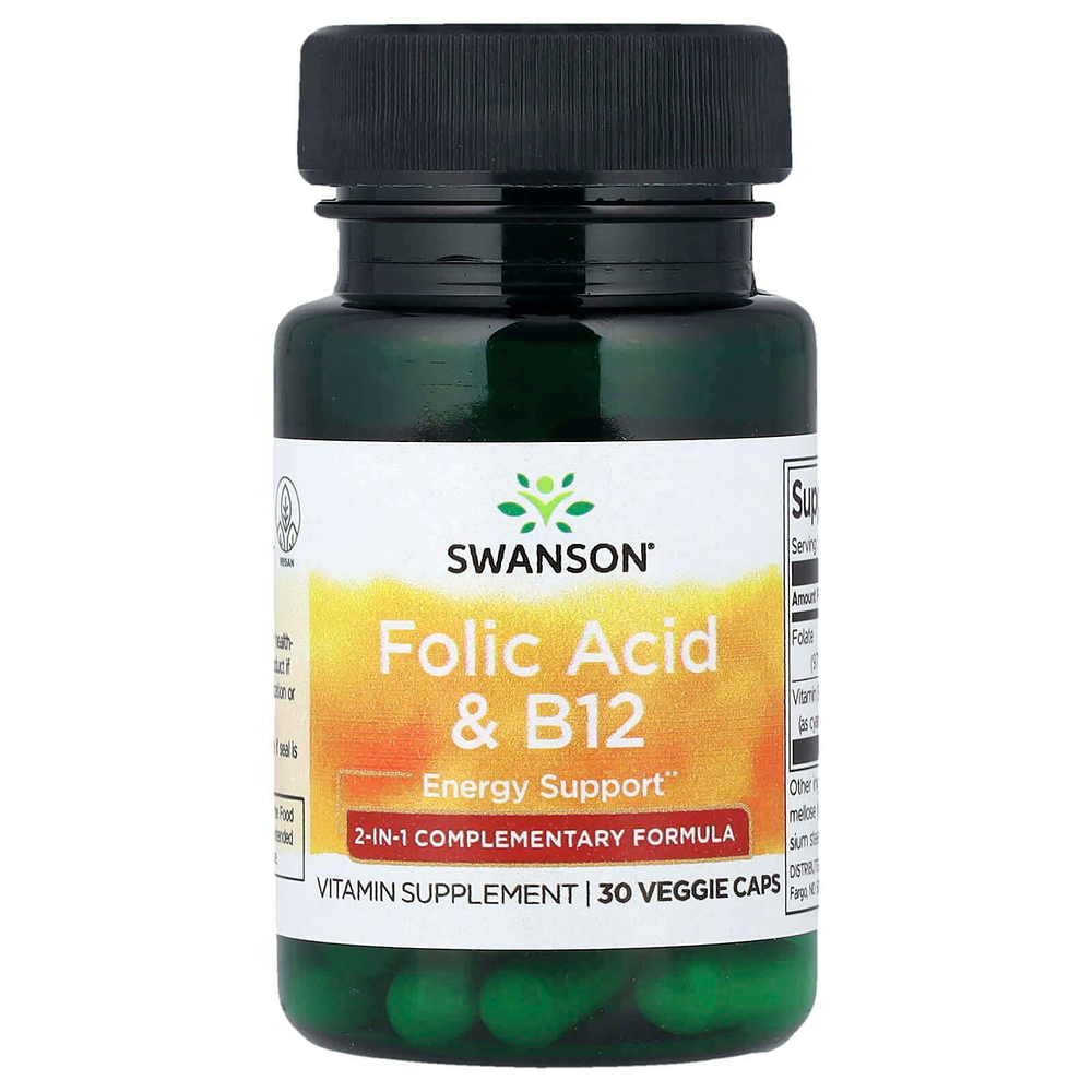 Swanson, Фолиевая кислота и витамин B12, 30 растительных капсул