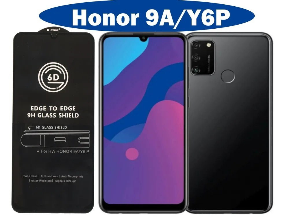 Защитное стекло на дисплей с олеофобным покрытием для Honor 9a и Y6P, черные рамки, G-Rhino