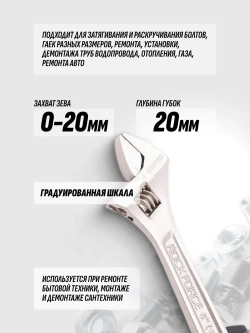 Ключ разводной RF-649150 Profi CRV 6"-150мм (захват 0-20мм), на пластиковом держателе ROCKFORCE