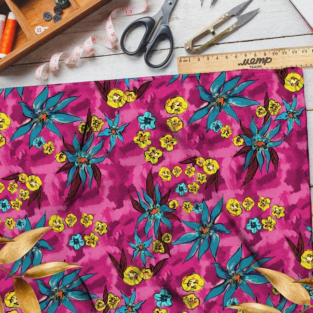 Ткань атлас синие и горчичные цветы