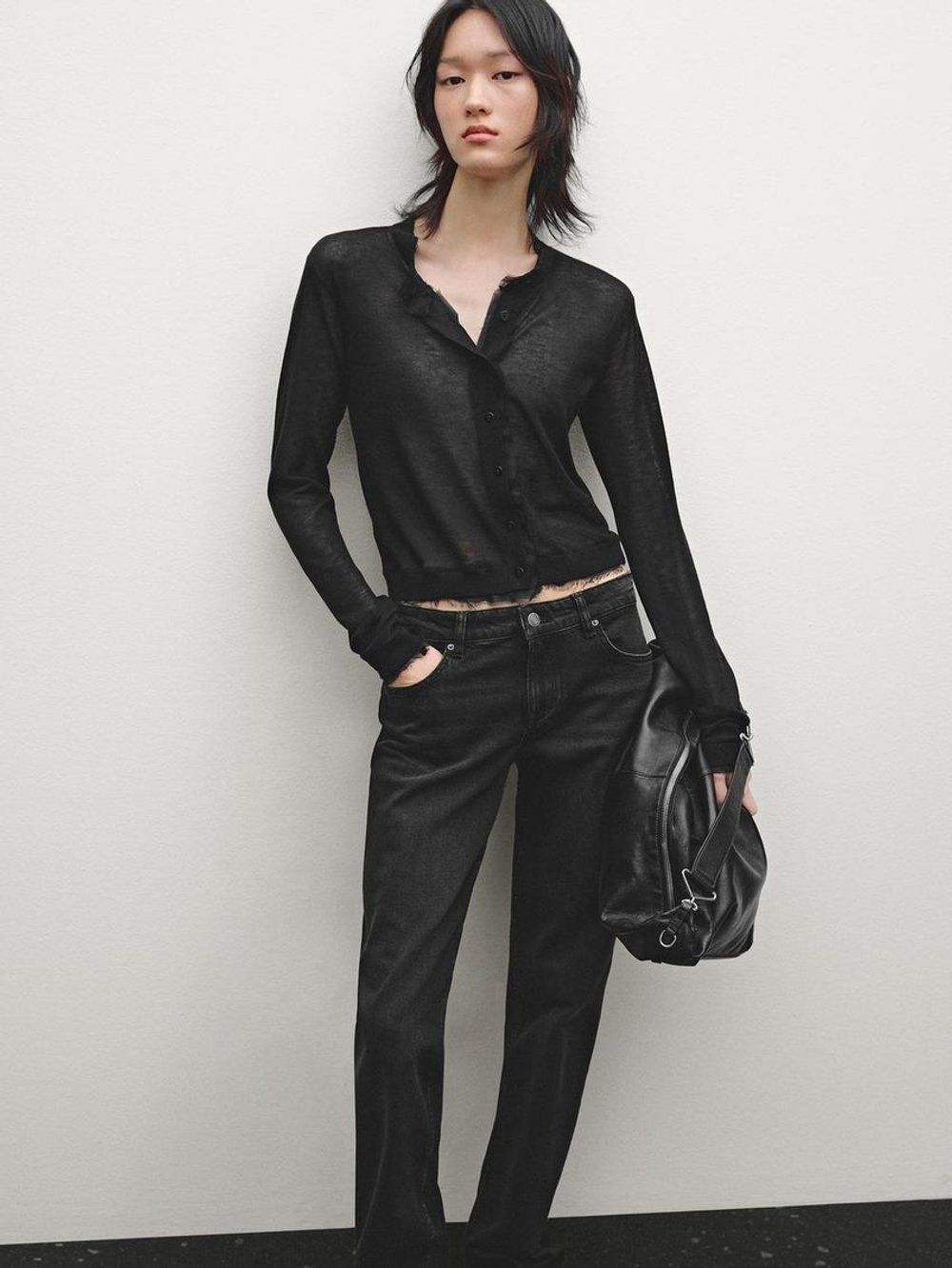 Massimo Dutti Легкий кардиган с эффектом потертости, черный