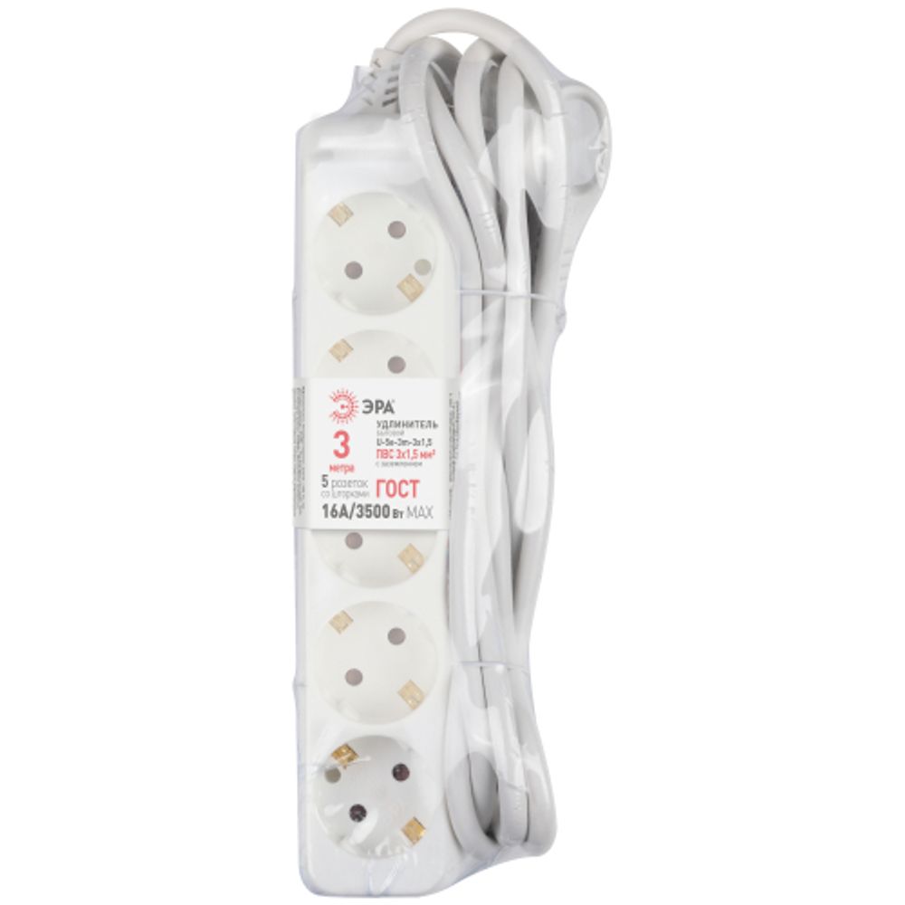 Удлинитель электрический ЭРА U-5e-3m-3x1,5 с заземлением 5 розеток 3м ПВС 3x1,5мм2 16А