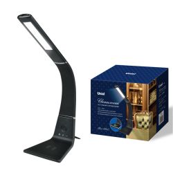 TLD-565 Black-LED-360Lm-3000-6000K-Dimmer-WR Светильник настольный. 12W. Сенсорный выключатель. Диммер. Беспроводное зарядное устройство. Черный. ТМ Uniel