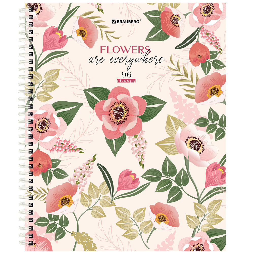 Тетрадь А5 96 л. BRAUBERG гребень клетка твёрдая обложка "Flowers" (микс в спайке) (8 штук в упаковке)