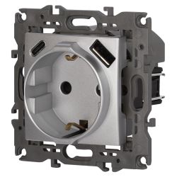 Розетка ЭРА Elegance 14-4108-03 2P+E 16A-250В со шторками с USB type-A+C 5В-3А алюминий