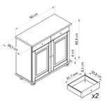 Тумба 90х39х83, Лена, для кухни, под телевизор, двухдверная из сосны, с ящиками (нижняя часть буфета Лена), коричневый бейц, Dipriz