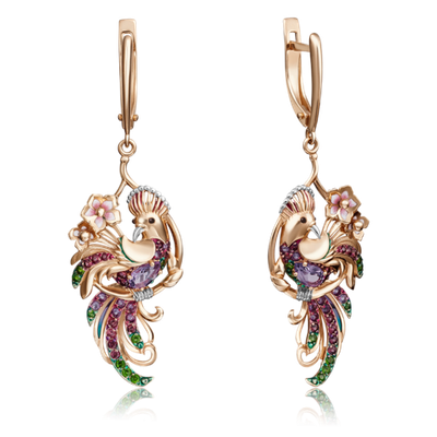 Серьги «Райские птицы» с английским замком из красного золота с миксом камней и эмалью