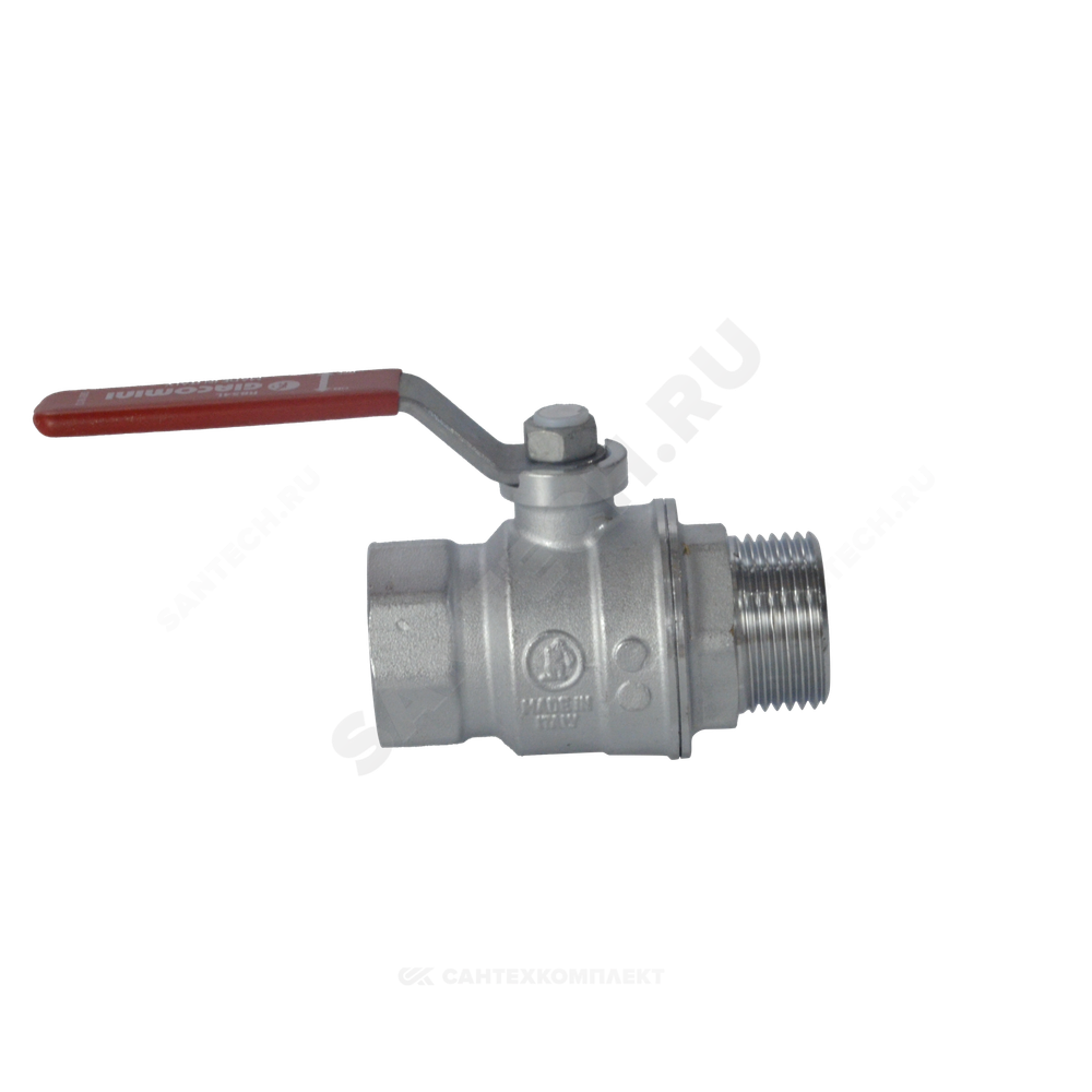 Кран шаровой латунь хром R854L Ду 40 Ру42 ВР/НР полнопроходной рычаг красный Giacomini R854LX027