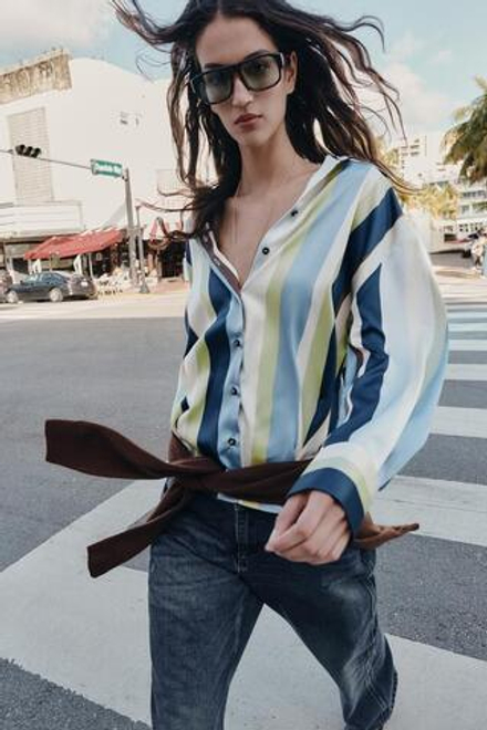 ZARA АТЛАСНАЯ РУБАШКА В ПОЛОСКУ, РАЗНОЦВЕТНЫЙ