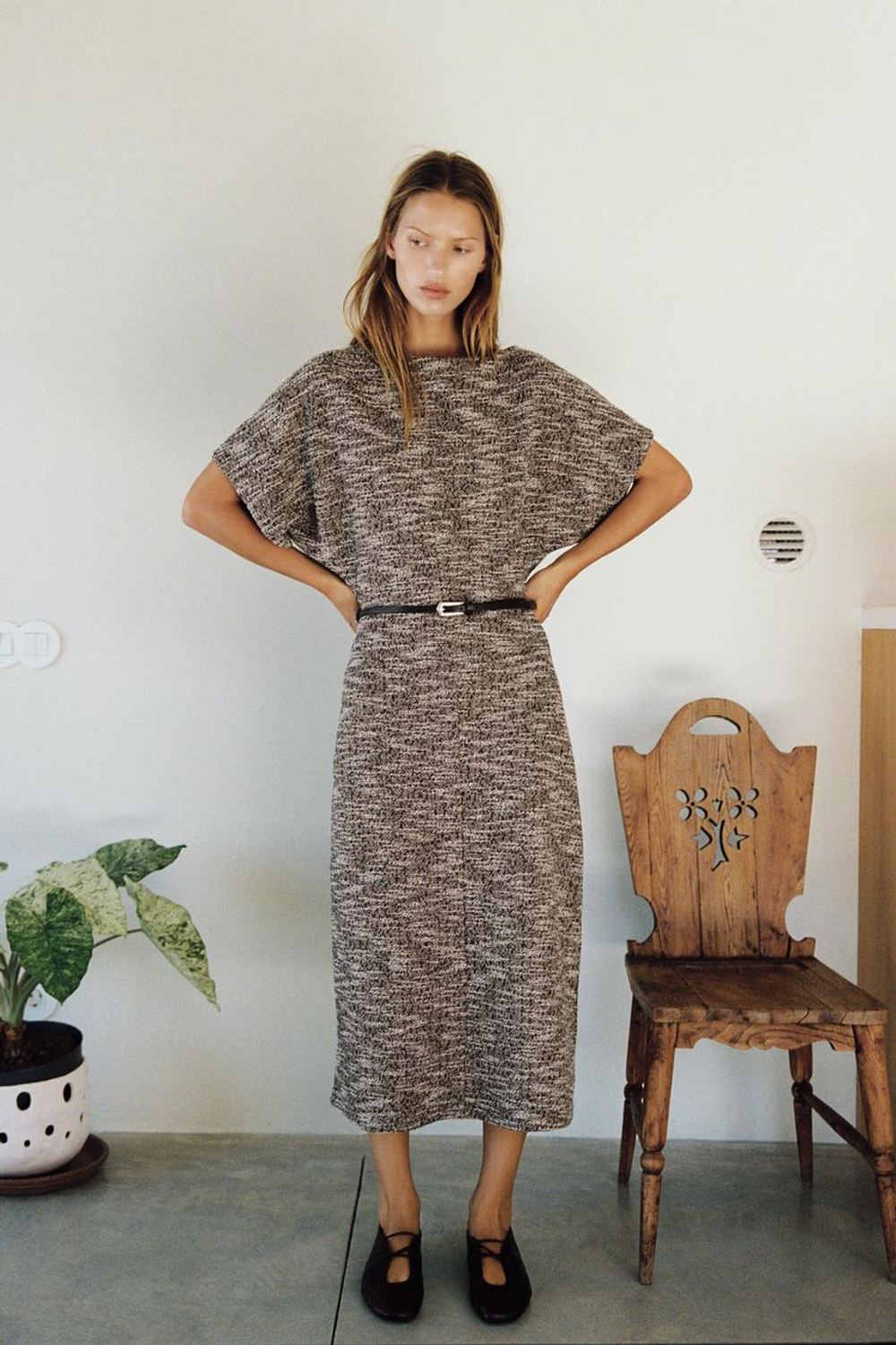 ZARA ПЛАТЬЕ МИДИ С ПОЯСОМ, КОРИЧНЕВЫЙ/ЭКРЮ