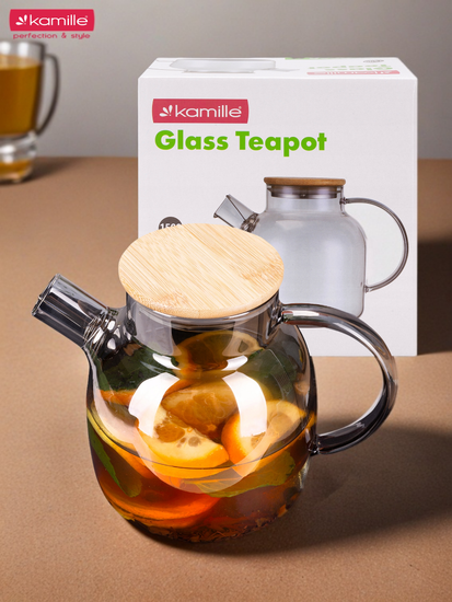 Стеклянный заварочный чайник 1500 мл. Kamille KM 9029M с бамбуковой крышкой